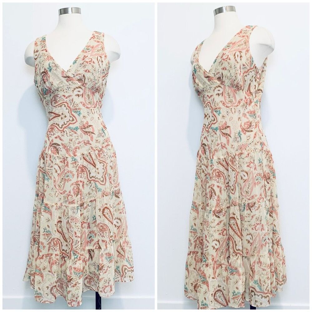 Dress Barn Cream Midi Dress with Coral & Teal Paisley Print